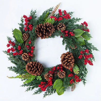 YeeNanee Christmas Decoration Wreaths for Front Door Handmade Cypress Leaf Red Berry Pine Wreath Xmas Home Wall Window Decor 