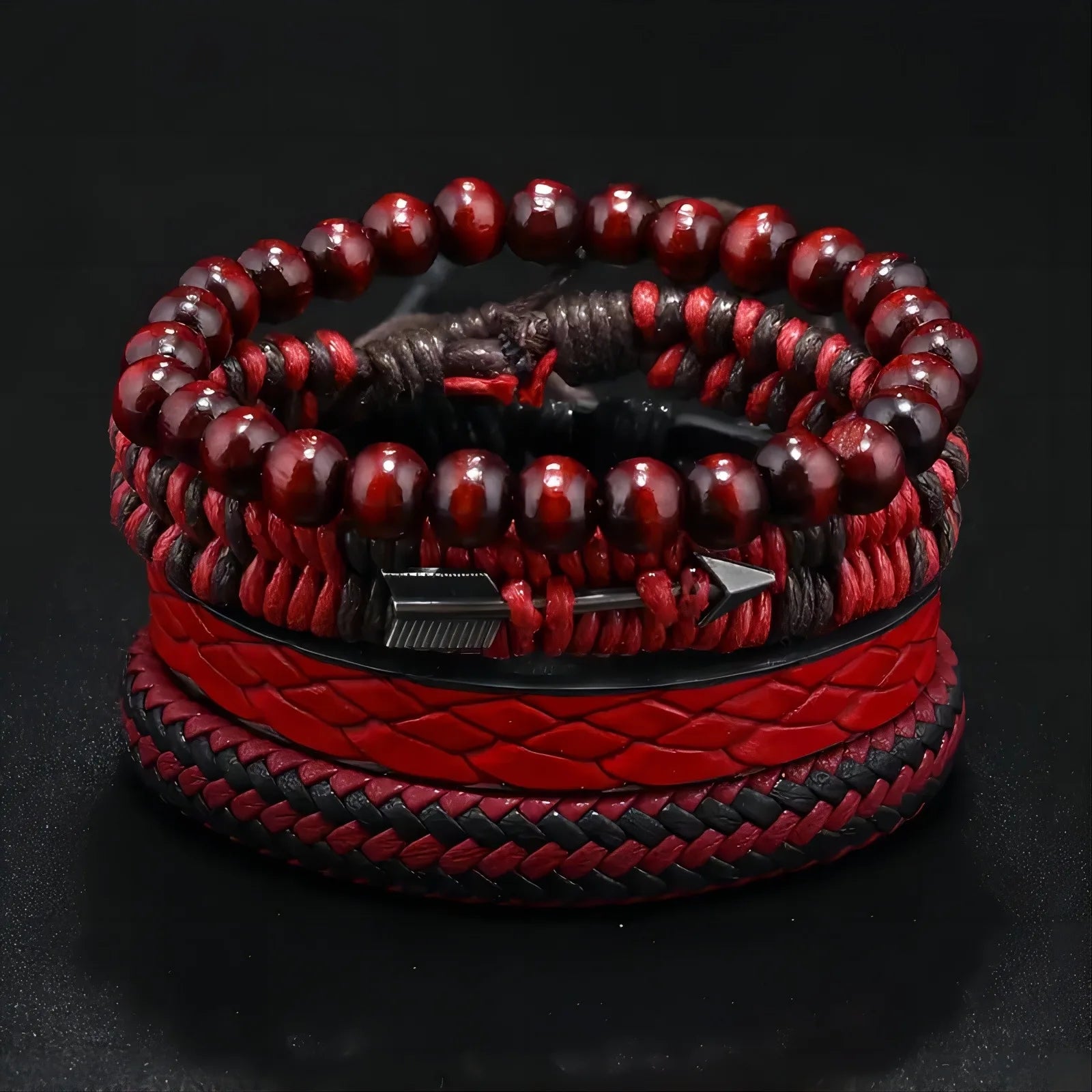 Fashion Vintage Men's Leather Bracelet Cupid's Arrow Wooden Beaded Leather Hand Woven Retro Fashion Bracelets For Men - Light