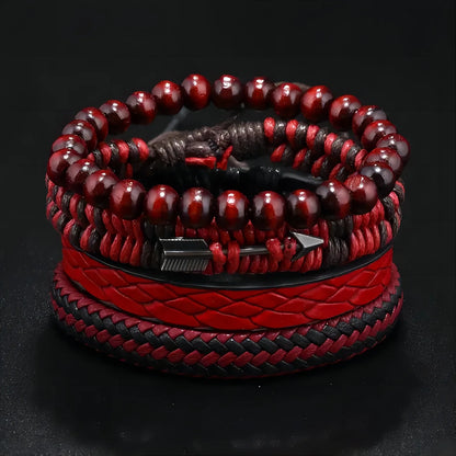 Fashion Vintage Men's Leather Bracelet Cupid's Arrow Wooden Beaded Leather Hand Woven Retro Fashion Bracelets For Men - Light