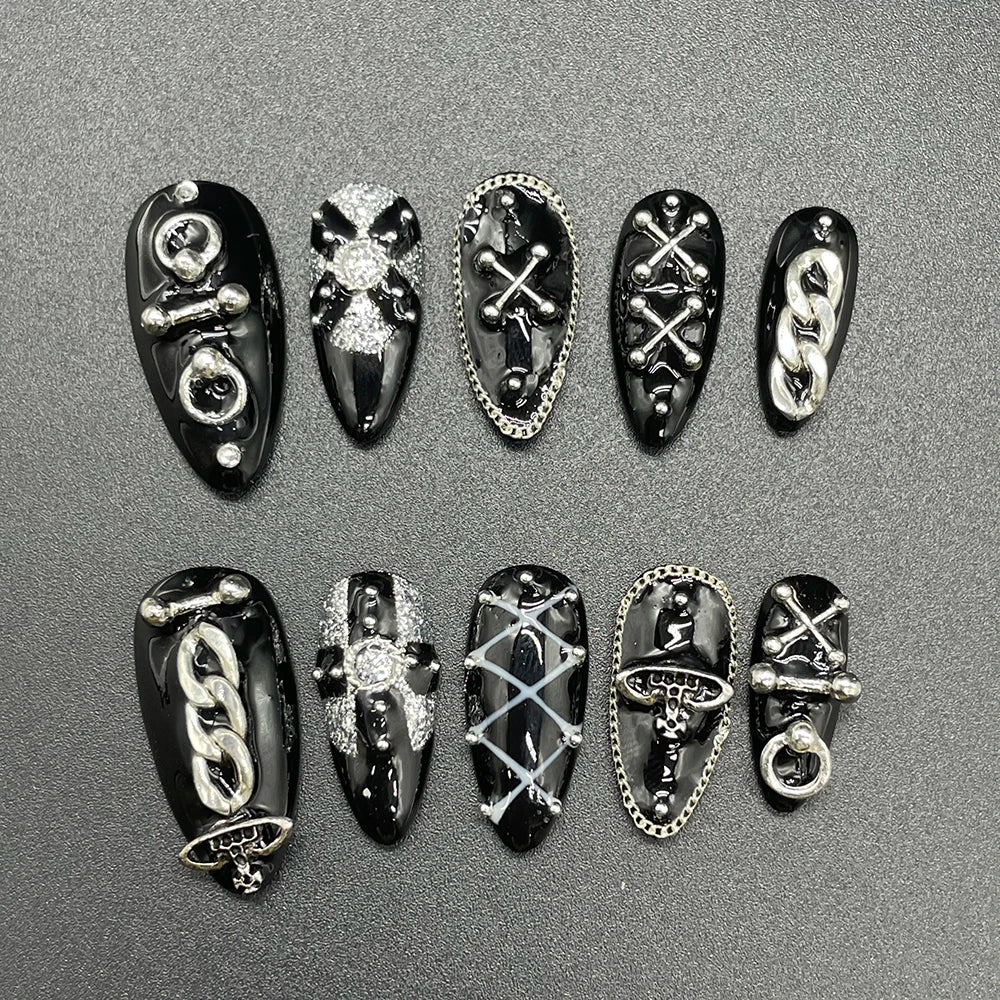 10Pcs Handmade Black Almonds Press On Nails Metal Chain Cool Fashion False Nail Reusable Full Cover Charm Nails Art
