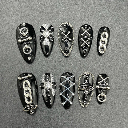 10Pcs Handmade Black Almonds Press On Nails Metal Chain Cool Fashion False Nail Reusable Full Cover Charm Nails Art