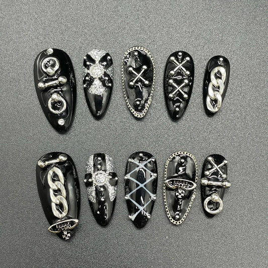10Pcs Handmade Black Almonds Press On Nails Metal Chain Cool Fashion False Nail Reusable Full Cover Charm Nails Art