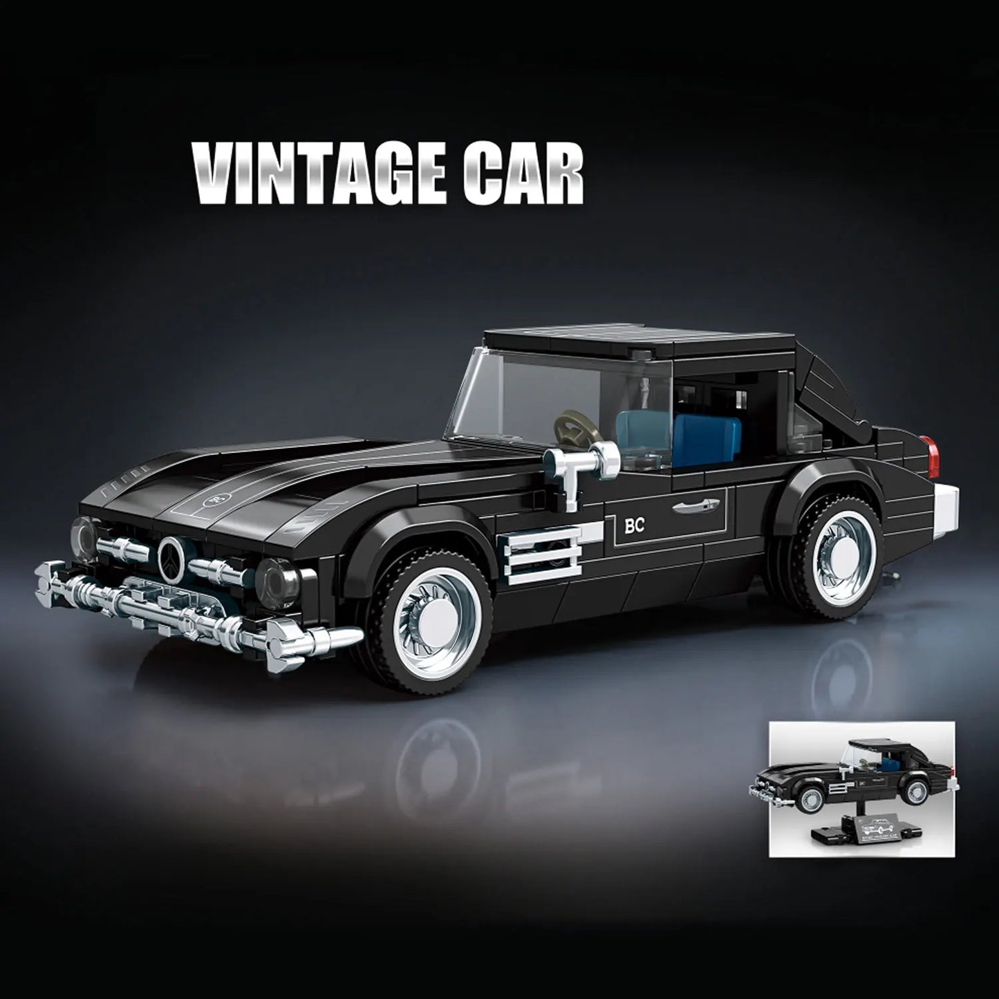 Vintage Classic Car Building Blocks, Retro Roadster Model Bricks with Display Stand, DIY Assembled Collectible Toy Gift