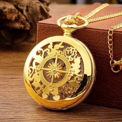 Antique Steampunk Vintage Arabic Numerals Quartz Pocket Watch Gold Case Necklace Pendant Clock Chain Mens Women - Gold