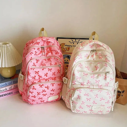 3 Pcs/Set Cute Schoolbag Large Capacity Bow Backpack Bow Print Nylon School Bag Adjustable Strap Travel Backpack