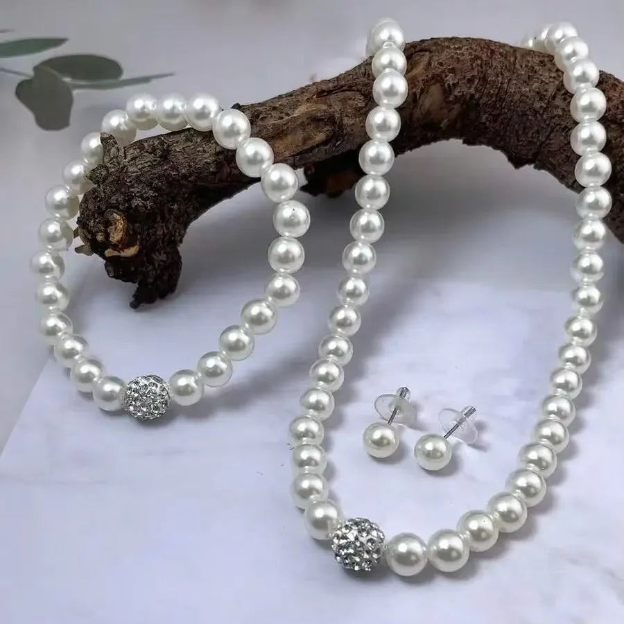 3 PCS set Imitation Pearl Fireball Necklace Bracelet Earring Stud Jewelry Set Silver Color Crystal Stone Elegant Bridal Jewel