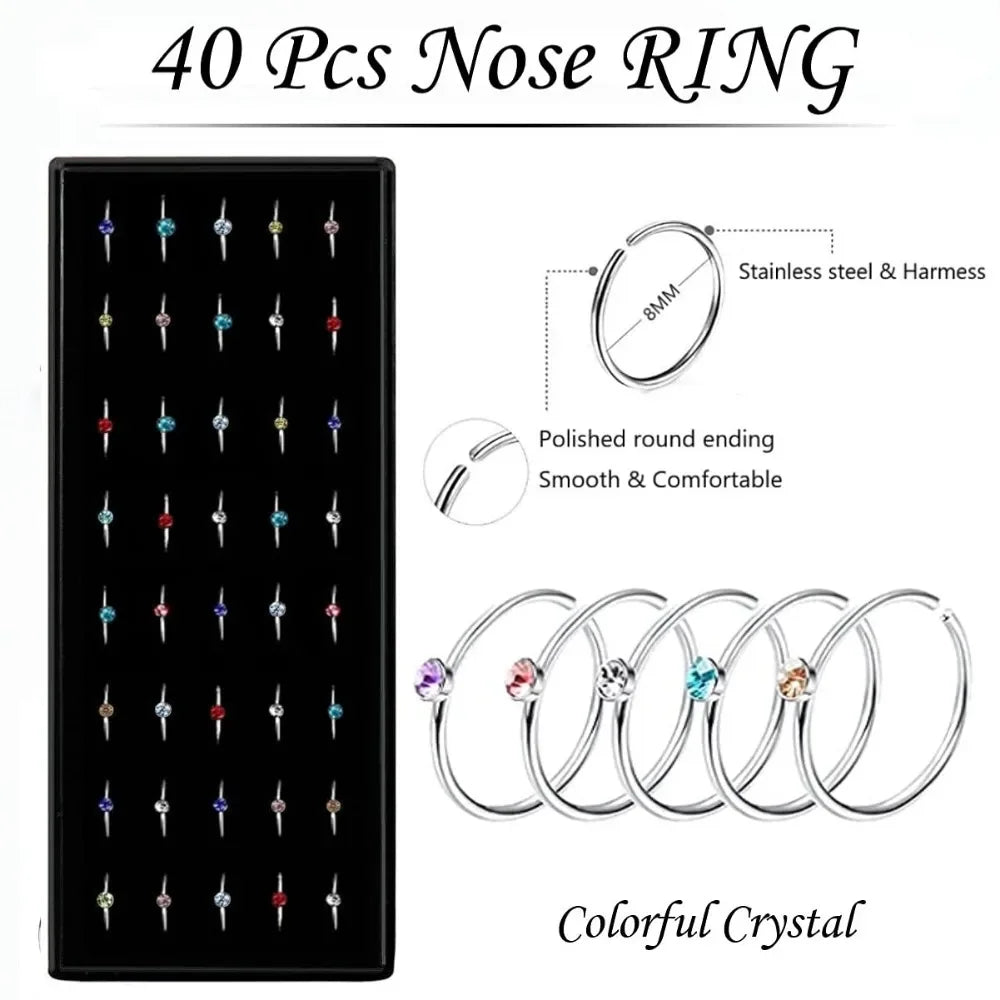 Fashion Crystal Stainless Steel Nose Stud Piercing for Women Hypoallergenic 1.8mm Nose Ring Straight/L/Screw Shaped Body Jewe