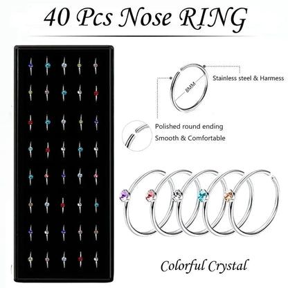 Fashion Crystal Stainless Steel Nose Stud Piercing for Women Hypoallergenic 1.8mm Nose Ring Straight/L/Screw Shaped Body Jewe
