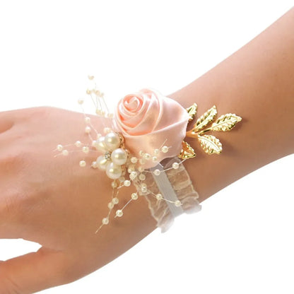 Bridesmaid Wrist Flowers Rose Corsage Pearl Polyester Ribbon Bracelet Wedding Accessories - pink