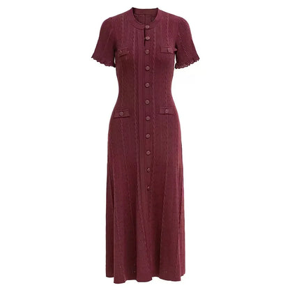 Vintage Cable Knit Midi Dress Button Front Ruffled Short Sleeve Pocket Design Elegant Party Casual Knitted Dress