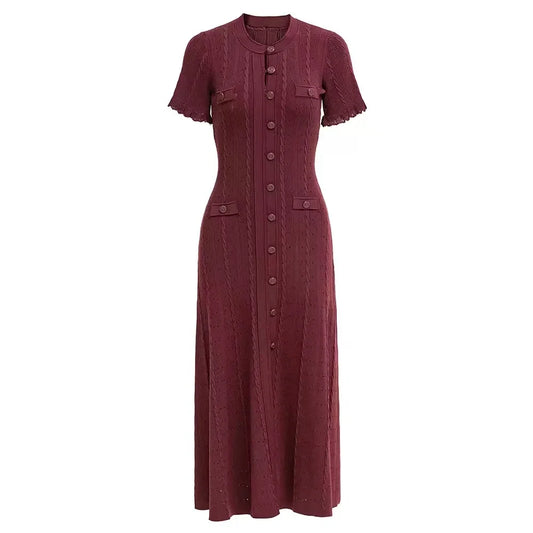 Vintage Cable Knit Midi Dress Button Front Ruffled Short Sleeve Pocket Design Elegant Party Casual Knitted Dress