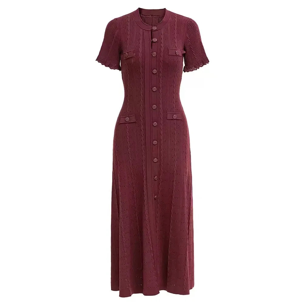 Vintage Cable Knit Midi Dress Button Front Ruffled Short Sleeve Pocket Design Elegant Party Casual Knitted Dress - Brown