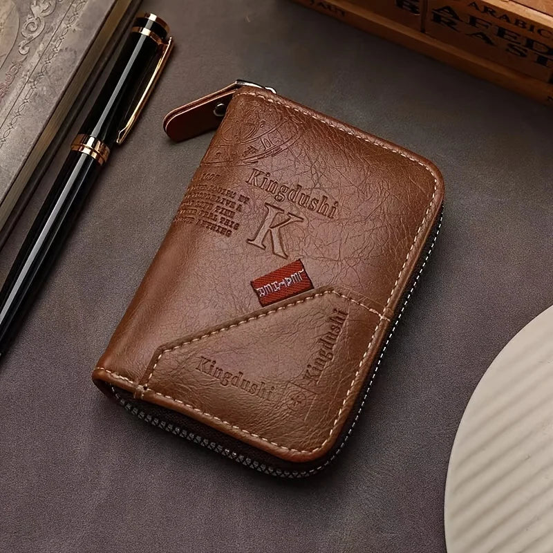 ​​Vintage PU Leather Slim Wallet - Zipper RFID Blocking 11-Slot Card Holder, Retro Style Gift for Men & Women, Classic Design