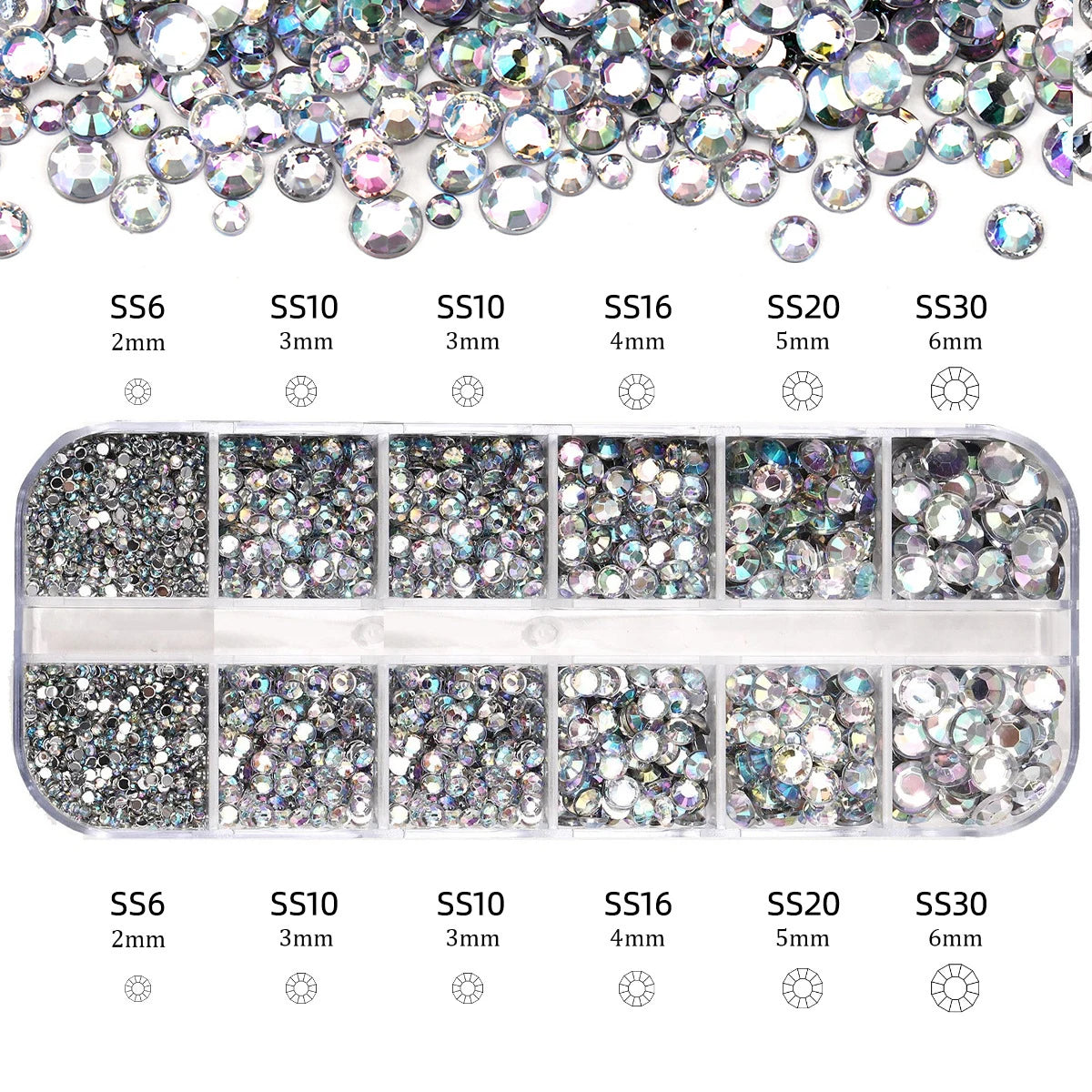 2400pcs+ Shiny Clear Crystal Gems Nail Rhinestones 1.5-4mm Mixed Round Glass Stone Flatback Nail Charms 12grids Nail Diamond 