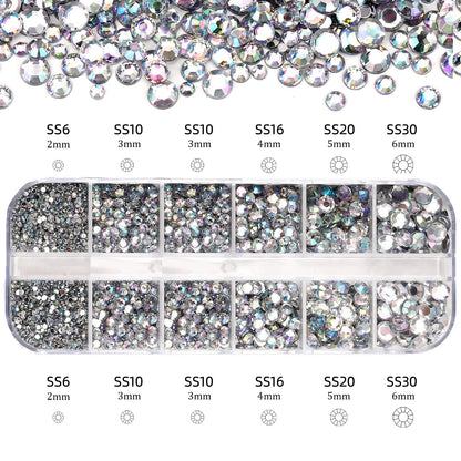 2400pcs+ Shiny Clear Crystal Gems Nail Rhinestones 1.5-4mm Mixed Round Glass Stone Flatback Nail Charms 12grids Nail Diamond 