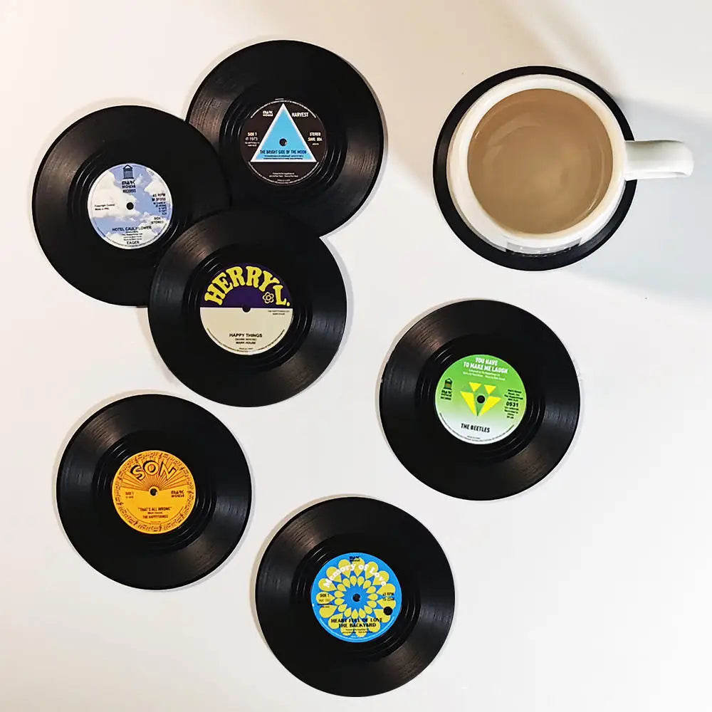 Set of 6 Vinyl Coasters for Drinks Music Coasters with Vinyl Record Player Holder Retro Record Disk Coaster Mug Pad Mat Creat