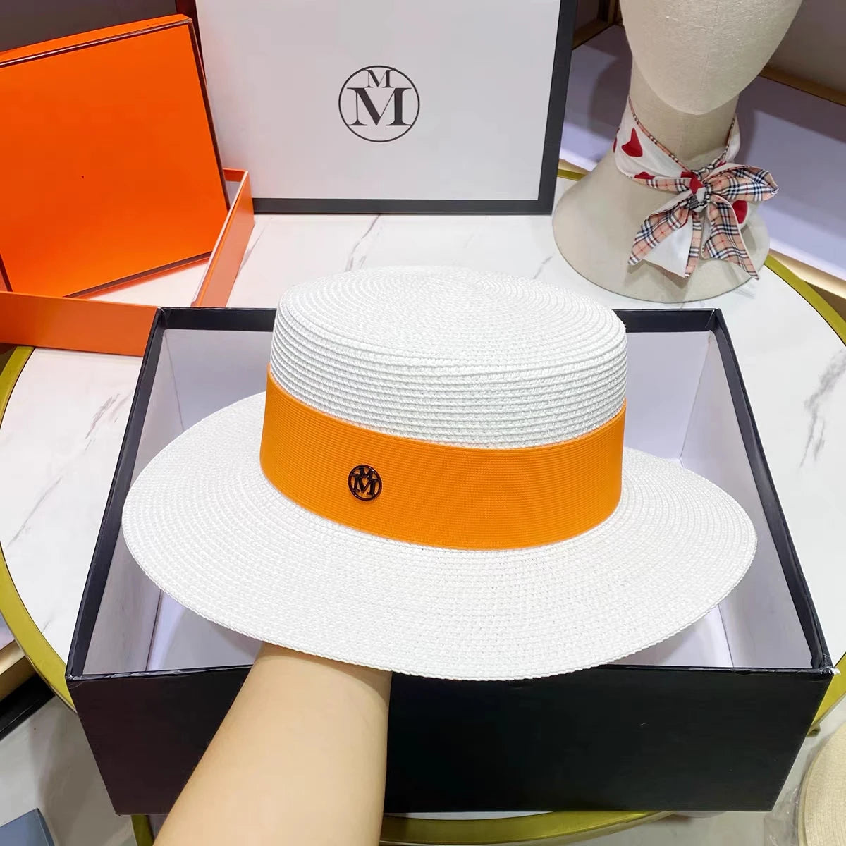 Boater Straw Hat wide brim French elegant square ribbon women's sun hat holiday straw hat 모자 햇빛 가리개 - 30