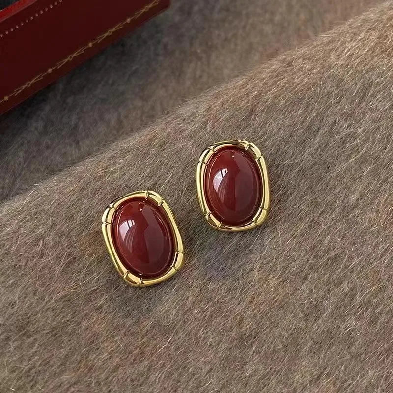 Vintage Enamel Wine Red Metal Stud Earrings for Women Fashion Geometric Square Earrings Elegant Wedding Jewelry Accessories -