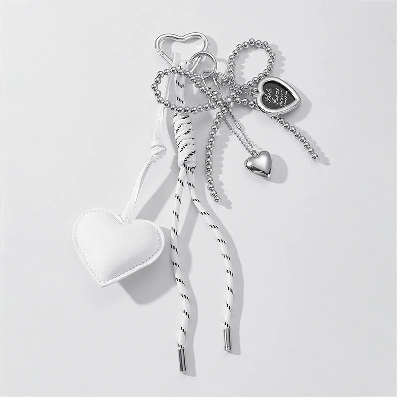 Luxury Charm Tassel Love Heart Pendant Handmade Creative Bowknot Keychain Cute Glossy Pendant Keychain Bag Accessories - whit