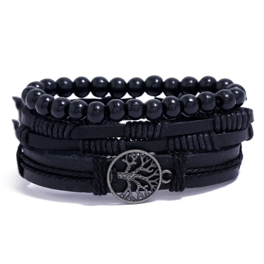 4Pcs/ Set Braided Wrap Leather Bracelets for Men Vintage Life Tree Rudder Charm Wood Beads Ethnic Tribal Wristband Rope Brace