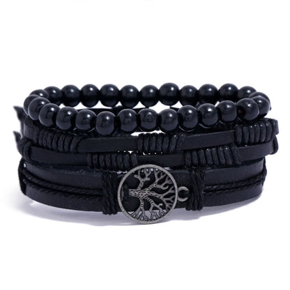 4Pcs/ Set Braided Wrap Leather Bracelets for Men Vintage Life Tree Rudder Charm Wood Beads Ethnic Tribal Wristband Rope Brace