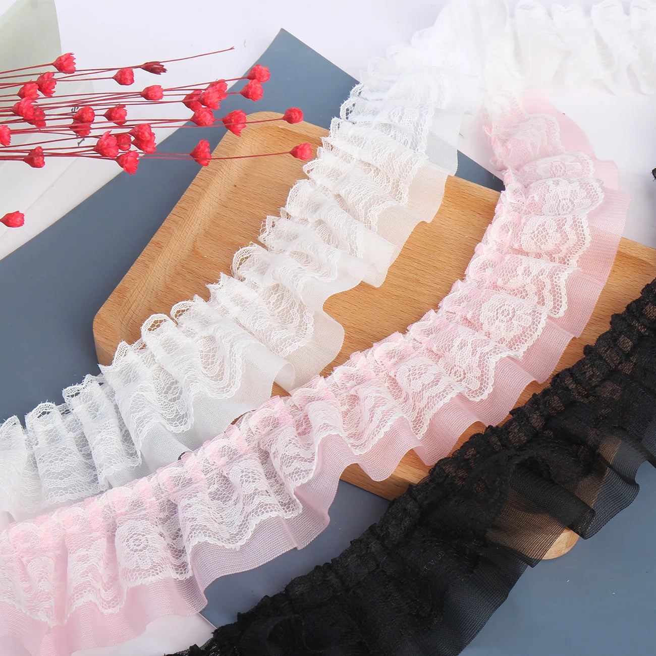 2yards 5cm Double-Layer Pleated Chiffon Lace Trim Clothing Wedding Accessories Decor Ribbon DIY Handmade Sewing Lace Trimming