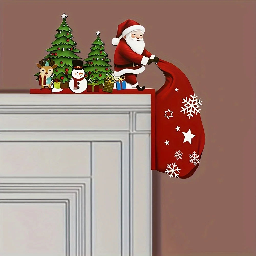 1 pieces of antique wooden Christmas door corner decoration -1 piece of Santa Claus with reindeer and snowman - Right