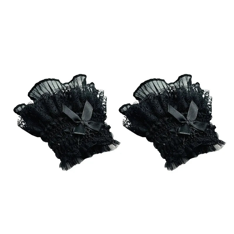 Gothic Lolita Hand Wrist Cuffs Bowknot LaceTrim Maid Cosplay Accessories For Women Girl Party - black-B