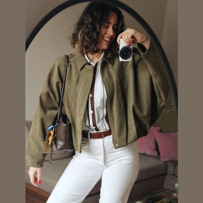 HXAO Women's Bomber Jacket Lapel Long Sleeve Zipper Suede Jacket Women 2025 High Street Cropped Racing Jackets Coats Outerwea