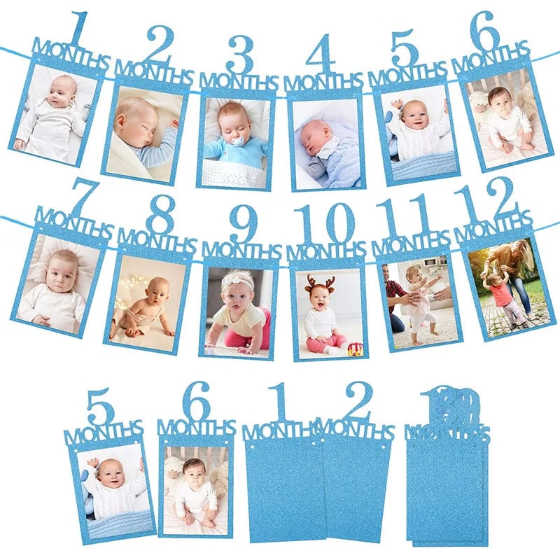 Baby First Birthday Banner, kraft paper Growth Record 1-12 Month Photo Props Baby Boy Girl Party Decoration Supplies - Sparkl