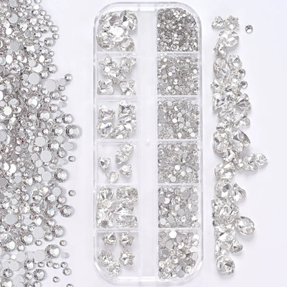 1Box 3D Clear Nail Art Rhinestones 12Shapes Mixed Oval,Butterfly,Heart,Flower,Round Diamond Nail Charms DIY Nail Art Decorati