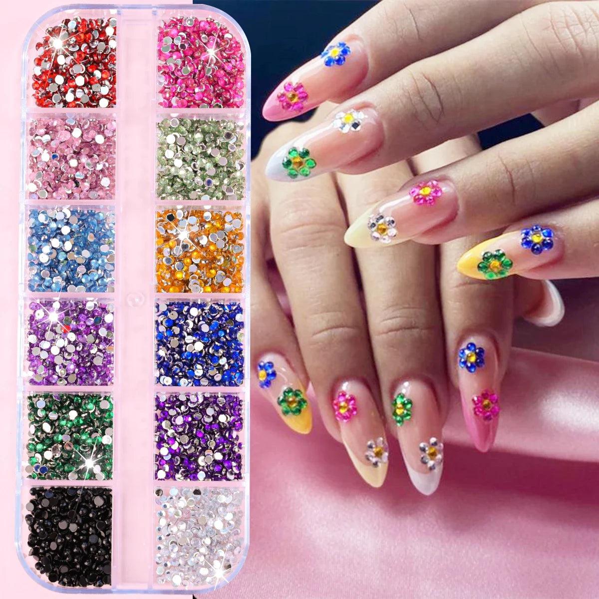 12 Grids Mixed Size Acrylic Flatback Rhinestones, 2/3/4mm Shiny Crystal Look Gems DIY Manicure Decor Charms