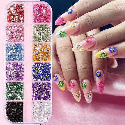 12 Grids Mixed Size Acrylic Flatback Rhinestones, 2/3/4mm Shiny Crystal Look Gems DIY Manicure Decor Charms