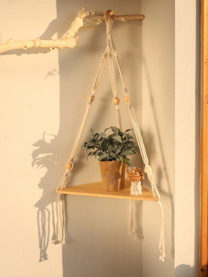 Wooden Corner Shelf Wall Decor Pot Storage Display Stand Macrame Floating Shelf Wall Organizer Boho Room Nordic Home Decorati