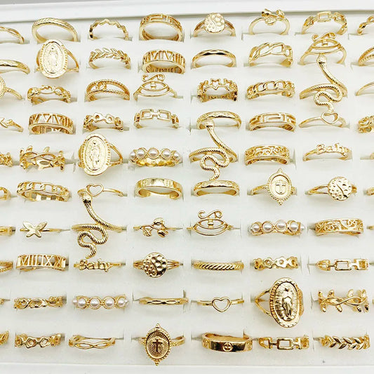 30pc/Lot Gold Color Finger Rings For Girls New Love Snake Animal Butterfly Cutout Star Pearl Thin Joint Ring Party Jewelry Wo