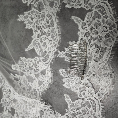 Customized Short Mantilla Wedding Veil with Eyelash Lace, 1m/1.5m/2m Short/Medium Length Veil with Hidden Comb, Single Tier V