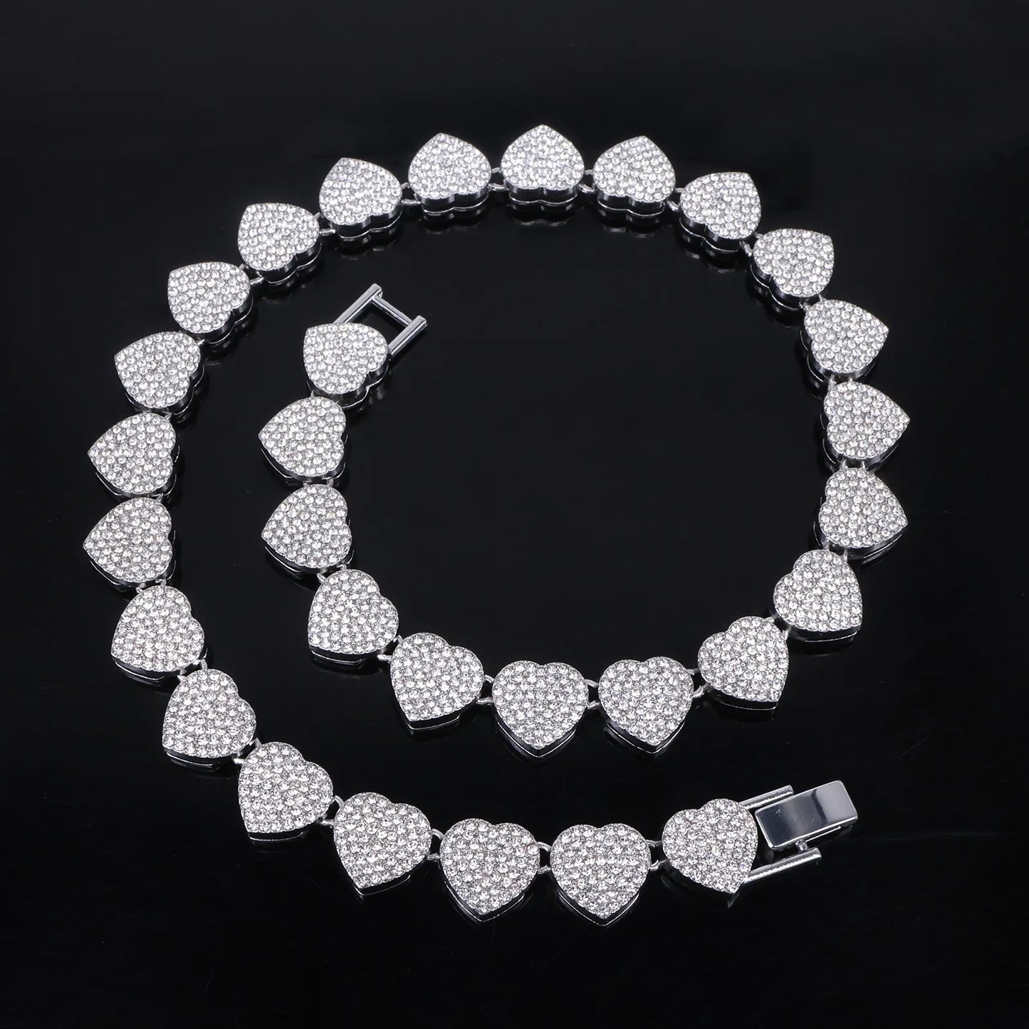 ZAKOL 45CM New Hip Hop Tennis Chain Bracelet Necklace Shiny Heart Rhinestone CZ Fashion Rock Party Jewelry Set