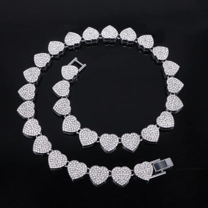 ZAKOL 45CM New Hip Hop Tennis Chain Bracelet Necklace Shiny Heart Rhinestone CZ Fashion Rock Party Jewelry Set - Sliver Color