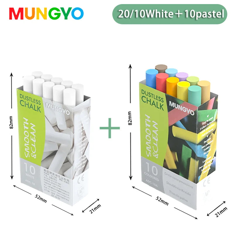 MUNGYO Dustless Chalk Colored / White Non-Toxic Dust-Free Vibrant Blackboard 10Pcs Kids Teachers Students office