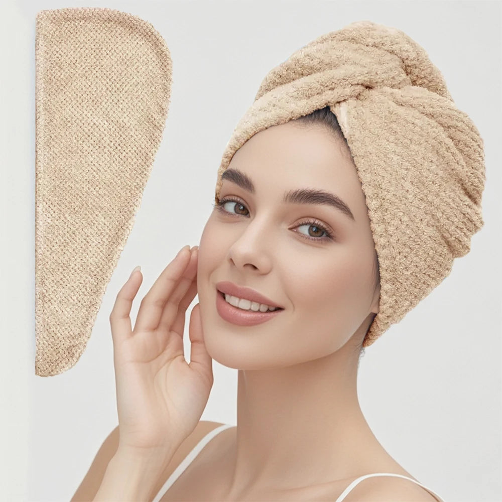 Solid Color Hair Towel Textured Dry Hair Cap 9.8' X 25.5' Absorbent Hair Towel Wrap for Button-Down Women - Khaki-up