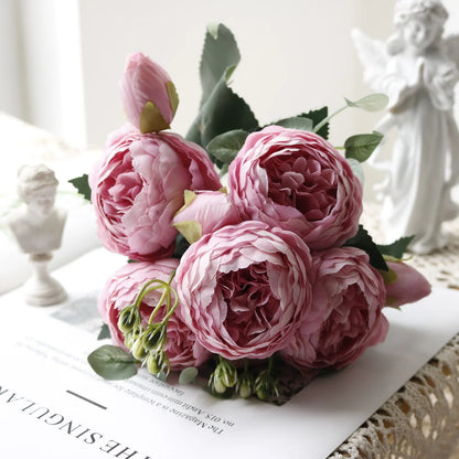 1pcs/30cm Rose Pink Silk Bouquet Peony Artificial Flower 5 Big Head 4 Small Bud Bride Wedding Home Decoration Artifi - 20