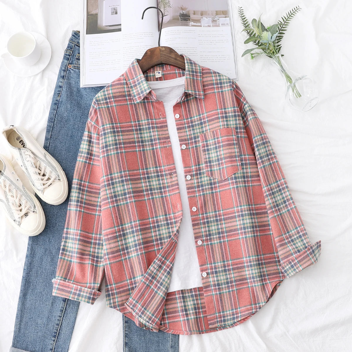 Fresh Flannel Plaid Shirt Women 2026 New Female Blouses and Tops Cotton Loose Long Sleeve Casual Shirts Fine Women's Clothes 
