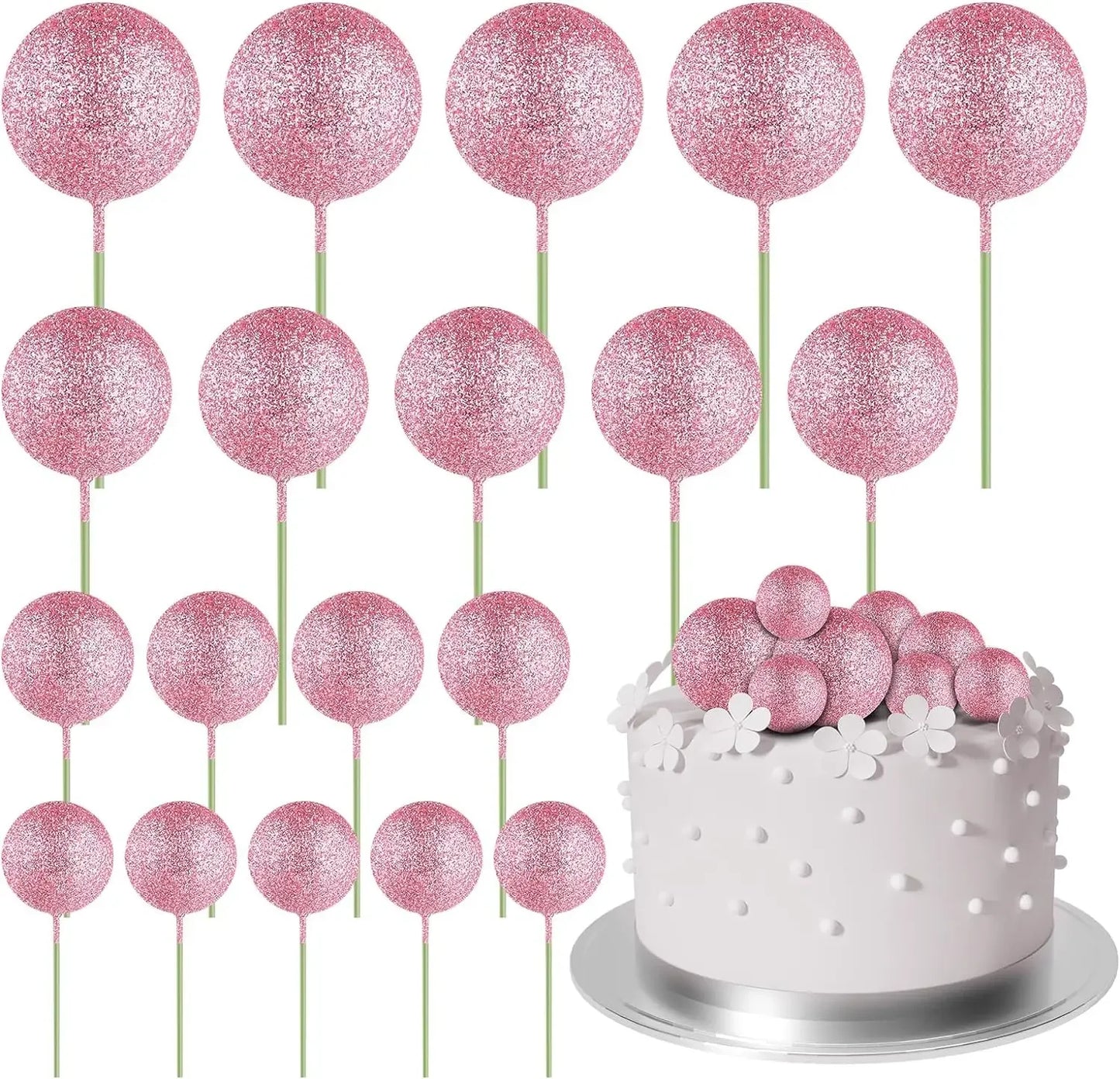 20-Piece Mini Balloon Cake Topper Decorations with Gold Ball Picks - Festive Cake Decor for Celebrations - Glitter Pink
