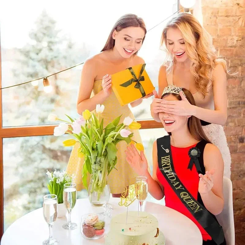 Bling Rhinestone Crystal Crown Tiara Birthday Anniversary Decoration Happy 18 21 30 40 50th Birthday Satin Sash Party Supplie