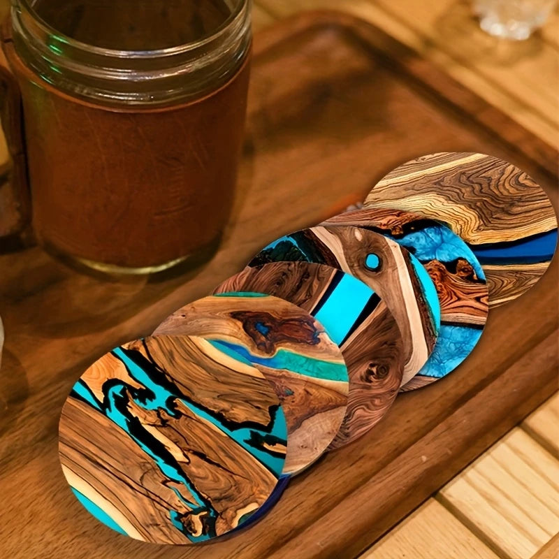 6pcs Vintage Wooden Coasters 2D 4in Tree Pattern with Lake & Desert Designs High-End Home Decor for Coffee Shops & Dining Tab