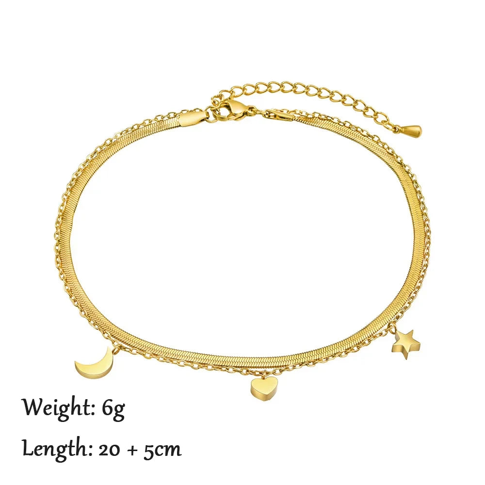 2024 Summer New Gold Color Anklets For Women Stainless Steel Firga Chain Feet Jewelry Layered Link Chain Accessory - Anklet 1