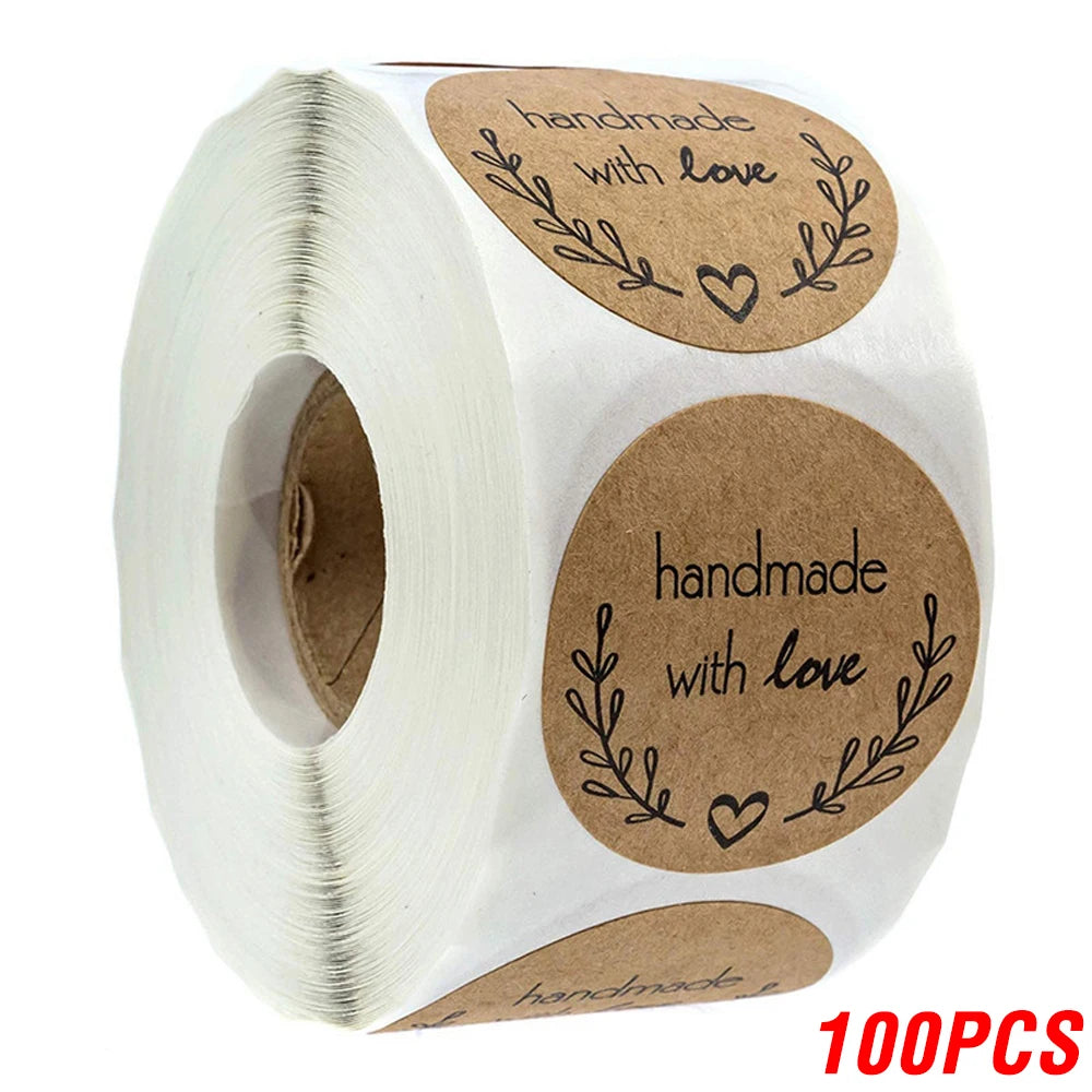 100-500pcs 1inch Vintage Kraft Paper Handmade With Love Stickers for Package Thank You Stationery Adhesive Labels Baking Seal