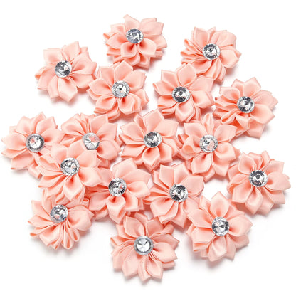 20pcs/lot 40mm Mini Inlaid Rhinestones Small Handmade DIY Satin Ribbon Flowers Head Decorate Clothing Supplies Accessories - 