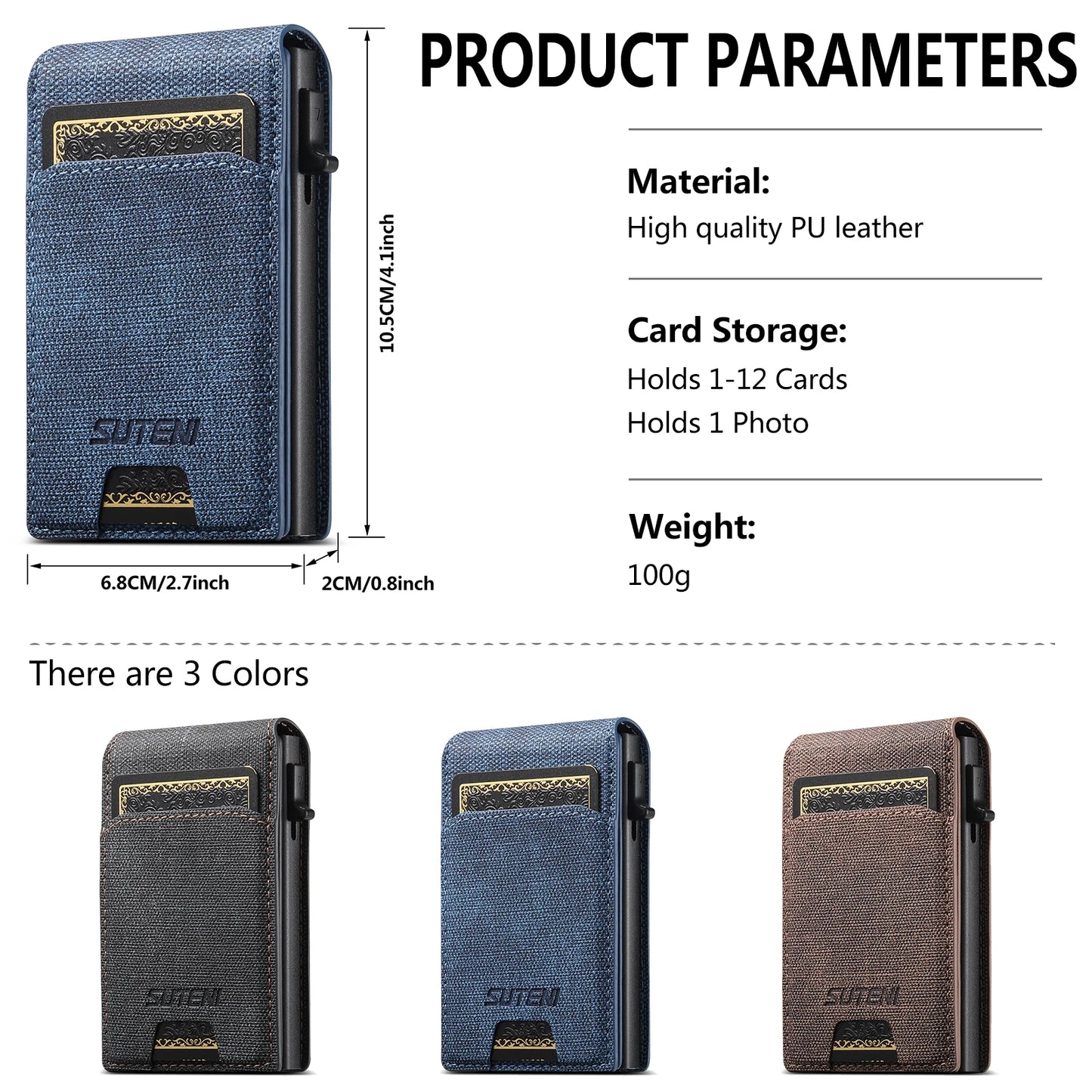 Push-out Card Faux Leather Card Holder Wallet Holder Large Capacity Can Hold 1-12 Cards 1 Photo Black/Brown/Blue