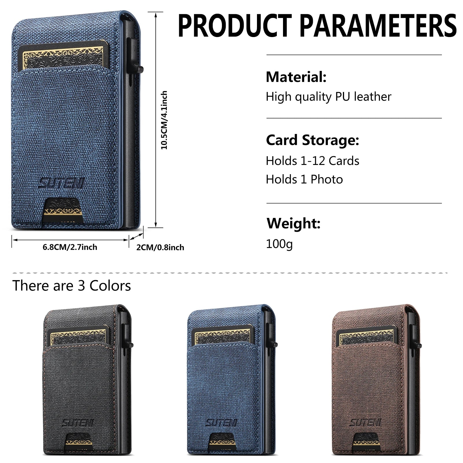 Push-out Card Faux Leather Card Holder Wallet Holder Large Capacity Can Hold 1-12 Cards 1 Photo Black/Brown/Blue